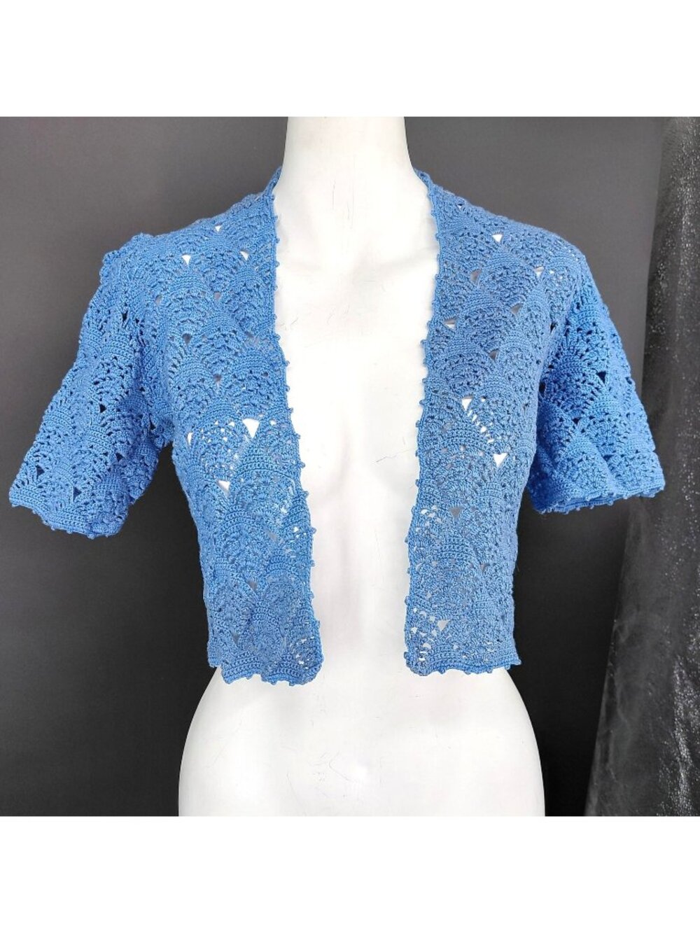 Vint Shrug Sweater Top Women Small Blue Crochet Open Knit Boho Summer Festival